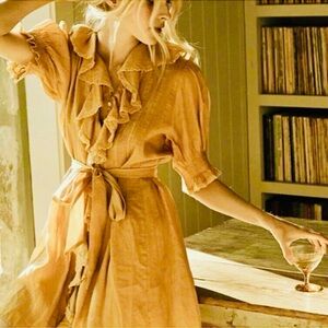 Dôen Piper Dress mini puff sleeve ruffle semolina mustard yellow gold color XS